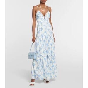 LoveShackFancy Blue White Floral Button Front Garnita Linen-Blend Maxi Dress 4